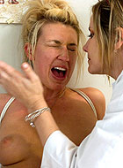 Lesbian pain doctor punishes and anal fucks slave with strap-on